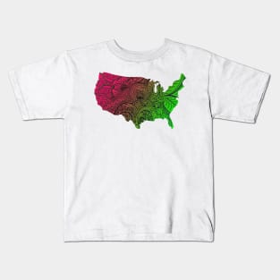 Colorful mandala art map of the United States of America in dark pink and green Kids T-Shirt